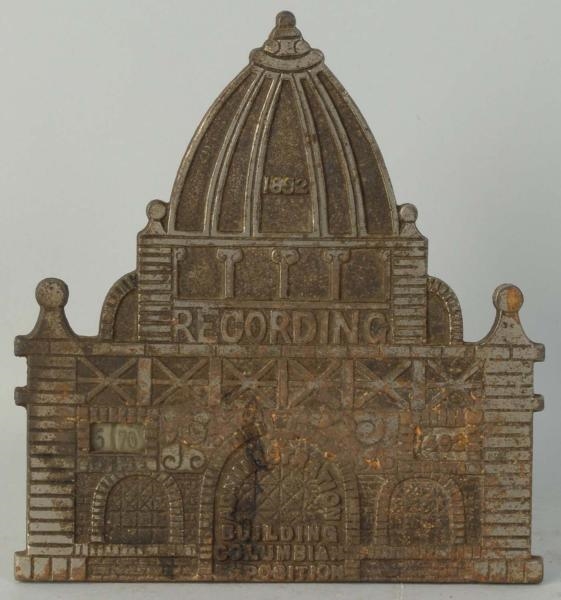 CAST IRON COLUMBIAN EXPOSITION RECORDING BANK.    