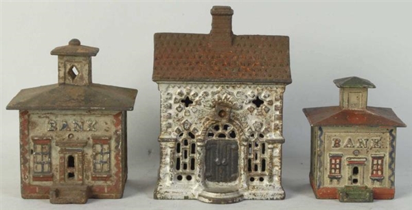 LOT OF 3: CAST IRON HOUSE STILL BANKS.            