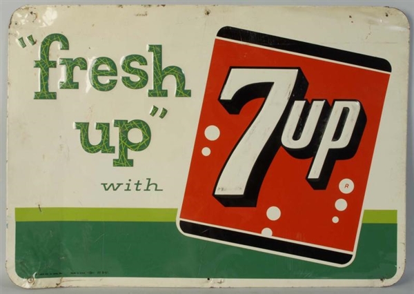 1950S EMBOSSED TIN 7UP SIGNS.                     