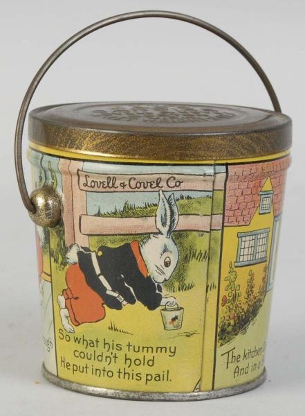 EARLY TIN CANDY CONTAINER PAIL WITH RABBITS.      