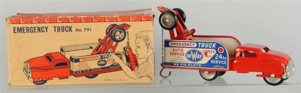 TIN LITHO BANNER EMERGENCY TOW TRUCK TOY.         