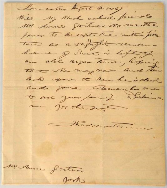 AUTOGRAPHED NOTE BY POLITICIAN THADDEUS STEVENS.  