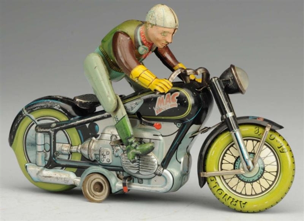 TIN LITHO ARNOLD WIND-UP MAC MOTORCYCLE TOY.      