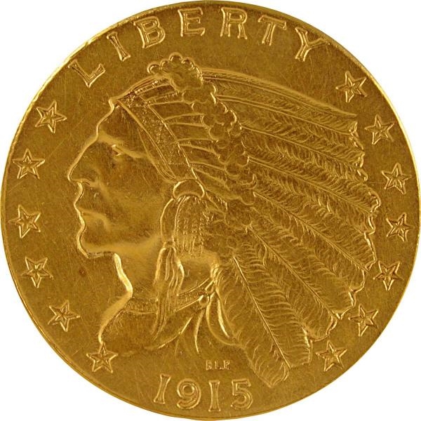1915 TWO AND A HALF DOLLAR GOLD INDIAN COIN.      