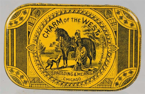 CHARM OF THE WEST FLAT POCKET TOBACCO TIN.        