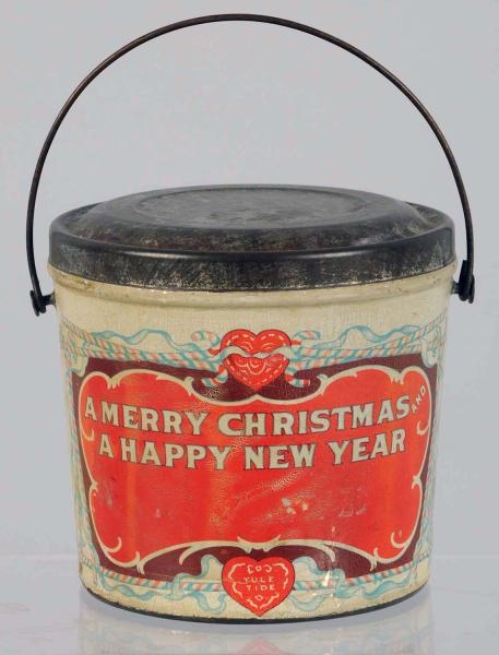 CHRISTMAS PEANUT BUTTER PAIL WITH BAIL HANDLE.    