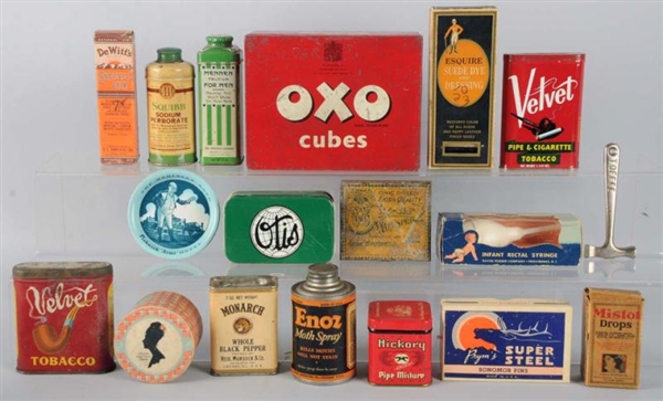 LOT OF 18: ASSORTED TINS & PAPER PACKAGING.       