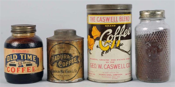 LOT OF 4: TIN, PAPER, & GLASS COFFEES.            