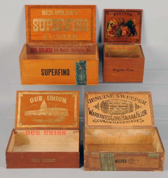 LOT OF 4: WOODEN GOLD/BLACK STAMPED CIGAR BOXES.  