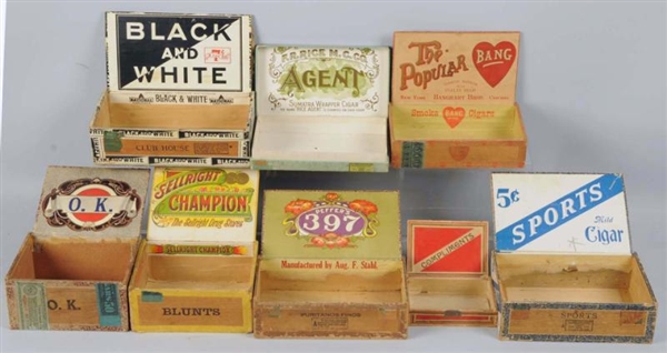 LOT OF 8: BOLD GRAPHIC WOODEN CIGAR BOXES.        