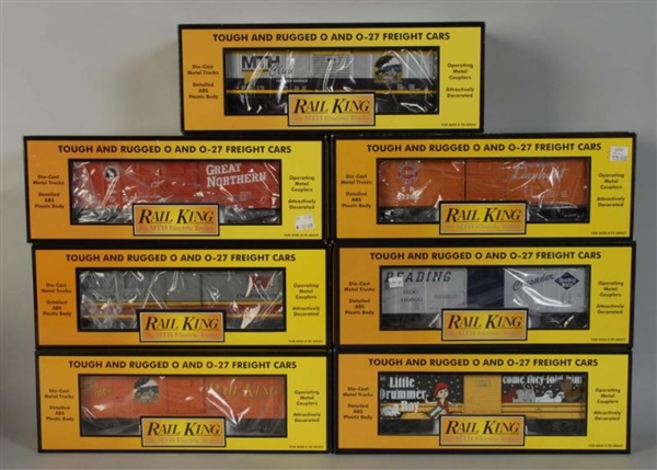 LOT OF 7: MTH RAIL KING TRAIN BOXCARS.            