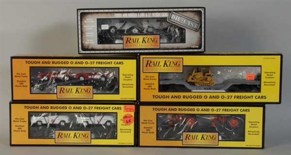 LOT OF 5: MTH RAIL KING FLAT CARS WITH VEHICLES.  
