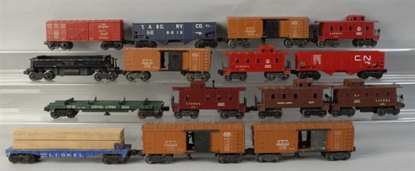 LOT OF 15: LIONEL FREIGHT TRAIN CARS.             
