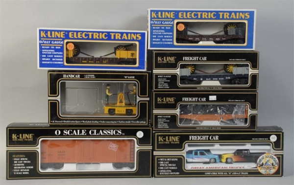 LOT OF 7: K-LINE FREIGHT TRAIN CARS.              