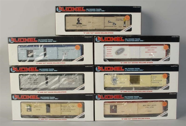 LOT OF 7: LIONEL INVENTOR TRAIN BOXCARS.          