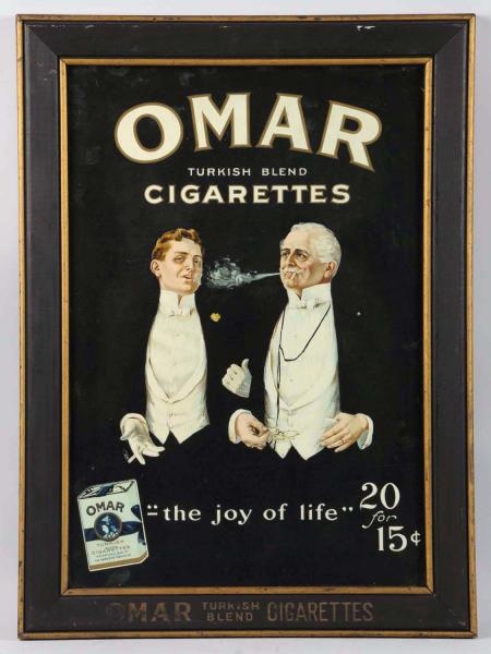 1910-15 OMAR CIGARETTES CARDBOARD SIGN IN FRAME.  