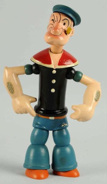 COMPOSITION & WOODEN CHEIN JOINTED POPEYE DOLL.   