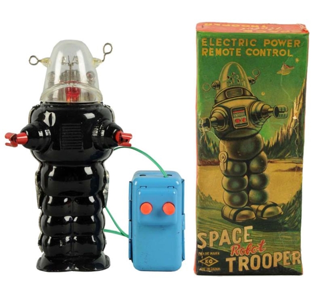 PAINTED TIN BATTERY-OPERATED SPACE ROBOT TROOPER. 