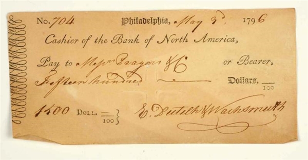 1796 BANK OF NORTH AMERICA CASHIERS CHECK.       