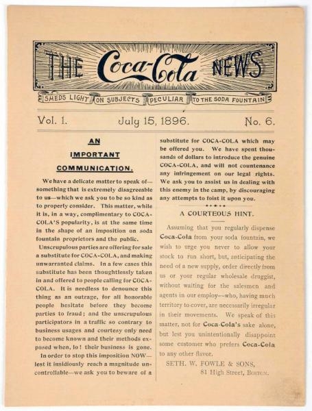 SCARCE COCA-COLA 1896 NEWS.                       