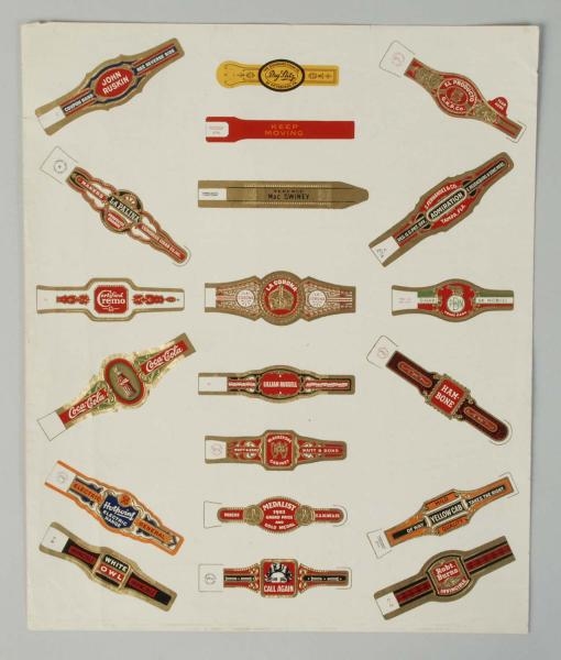 SHEET OF ADVERTISING CIGAR BANDS (INCLUDES COKE). 