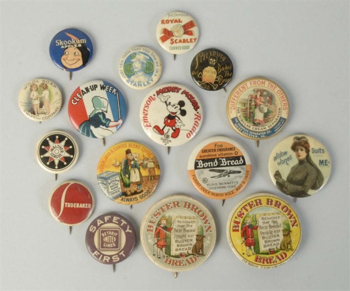 LOT OF 16: ADVERTISING PINBACK BUTTONS.           