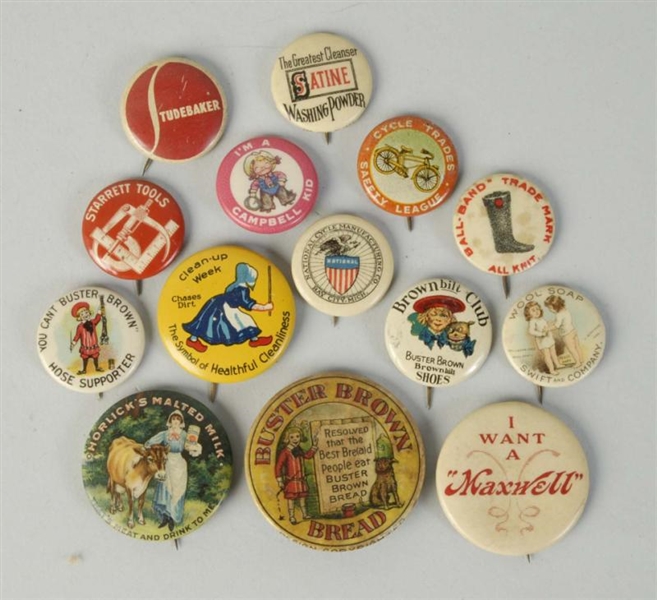 LOT OF 14: ADVERTISING PINBACK BUTTONS.           