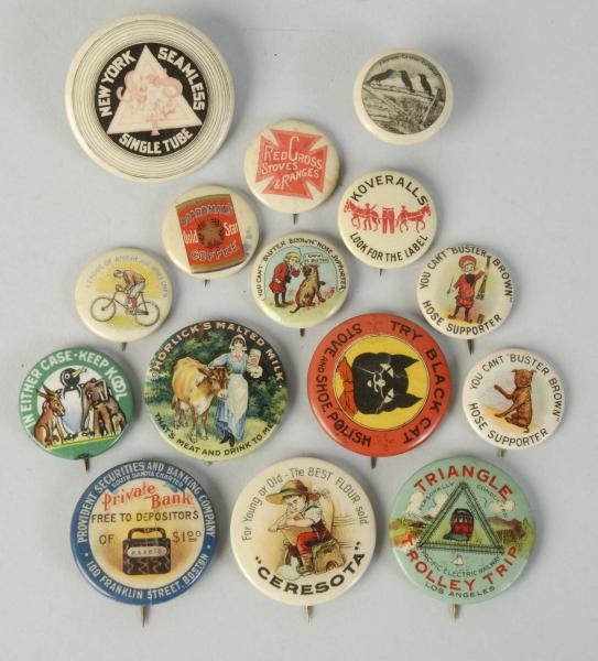 LOT OF 15: ADVERTISING PINBACK BUTTONS.           