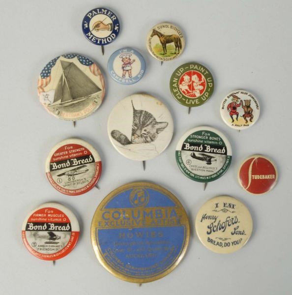 LOT OF 14: ADVERTISING PINBACK BUTTONS.           