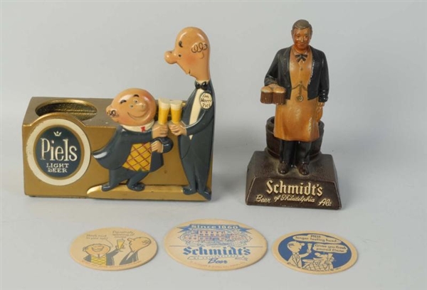 LOT OF 2: FIGURAL BEER ADV. PIECES & 3 COASTERS.  
