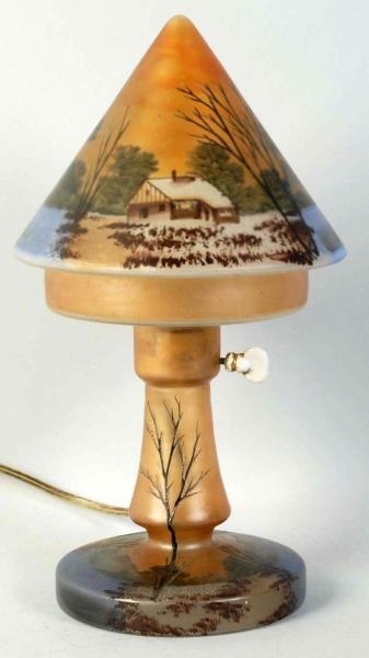 SMALL REVERSE PAINTED BOUDOIR GLASS LAMP.         