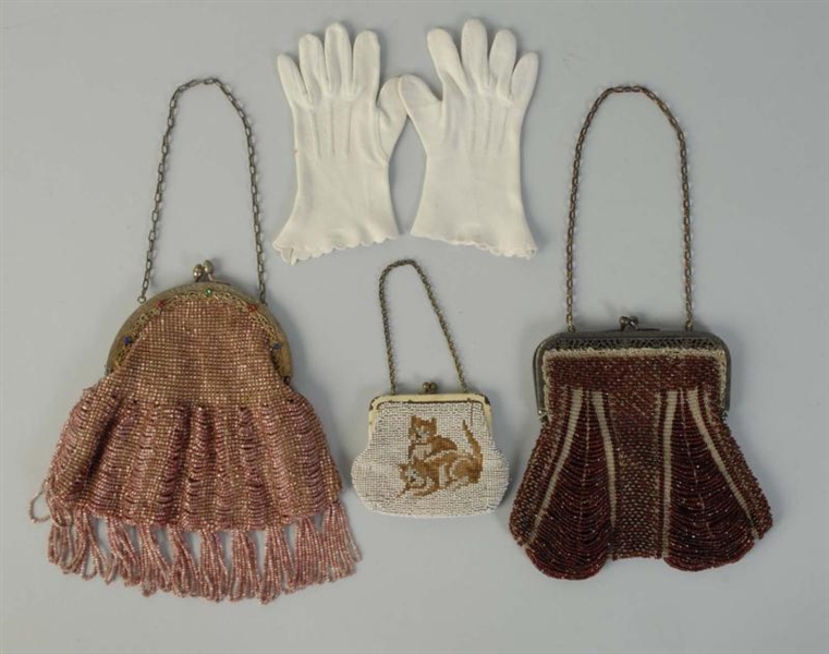 LOT OF 3: BEADED PURSES & 1 PAIR OF GLOVES.       