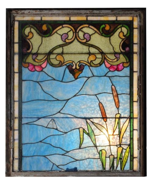 DOUBLE-HUNG STAINED & LEADED GLASS WINDOW.        