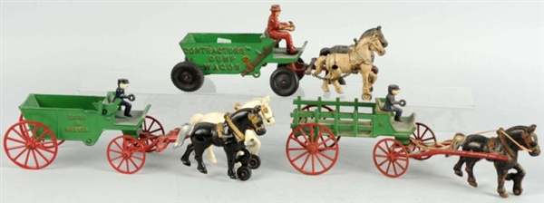 LOT OF 3: GREEN CAST IRON HORSE-DRAWN WAGONS.     
