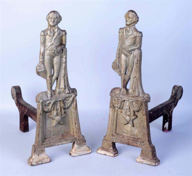 PAIR OF CAST IRON COLONIAL MEN ANDIRONS.          