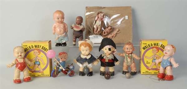 LOT OF 10: PLASTIC &  CELLULOID CHILD TOYS.       