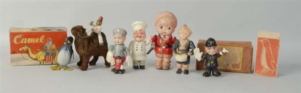 LOT OF 8: TIN CELLULOID & FUR COVERED FIGURAL TOY 