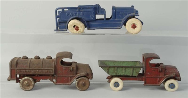 LOT OF 3: AMERICAN MADE CAST IRON VEHICLE TOYS.   