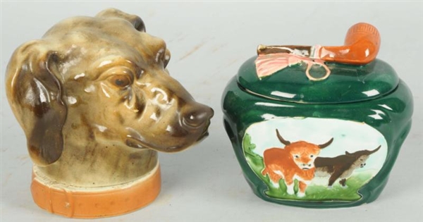 LOT OF 2: CERAMIC DOG AND COW CANDY CONTAINERS.   