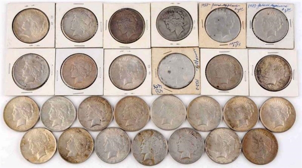 LOT OF 27: PEACE SILVER DOLLARS.                  
