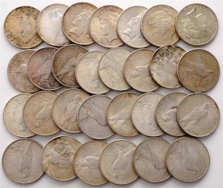 LOT OF 29: PEACE SILVER DOLLARS.                  
