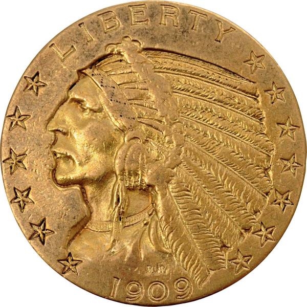 1909 $5 GOLD INDIAN COIN.                         