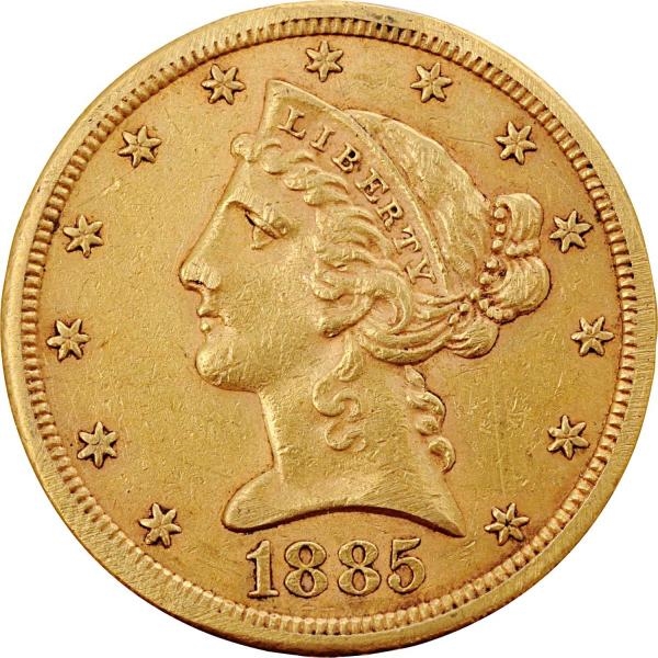 1885S $5 GOLD LIBERTY COIN.                       