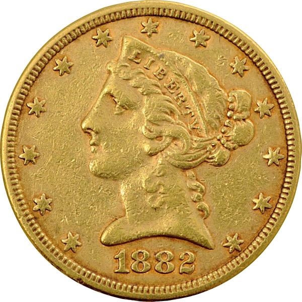 1882 $5 GOLD LIBERTY COIN.                        