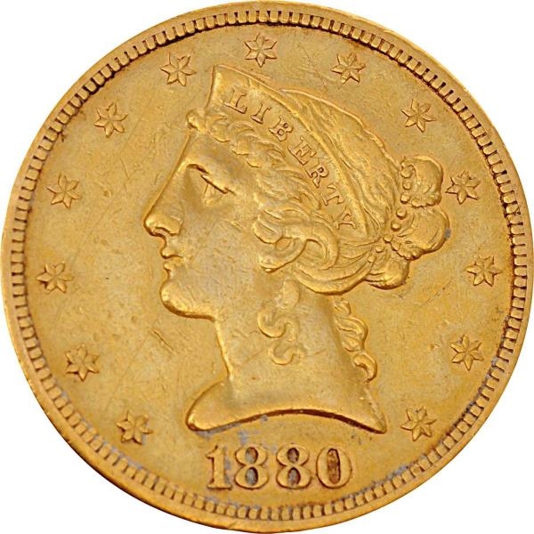 1880 S $5 GOLD LIBERTY COIN.                      