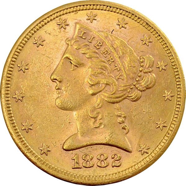 1882 S $5 GOLD LIBERTY COIN.                      
