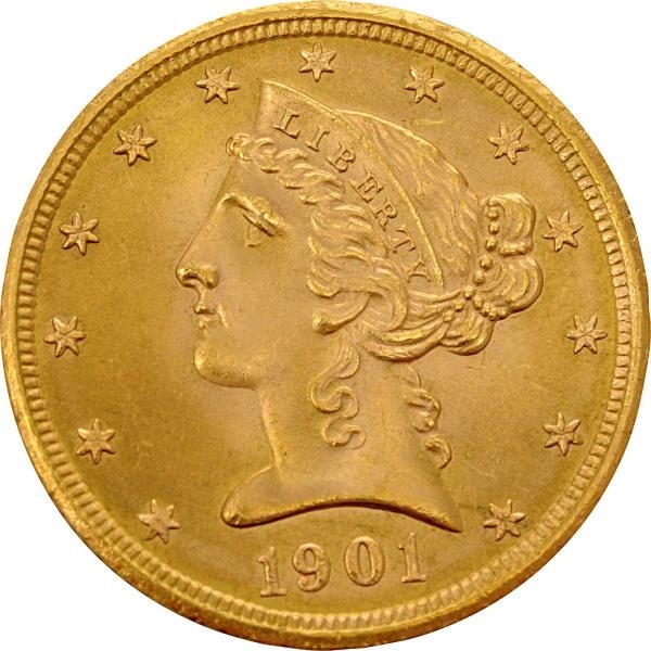 1901S $5 GOLD LIBERTY COIN.                       