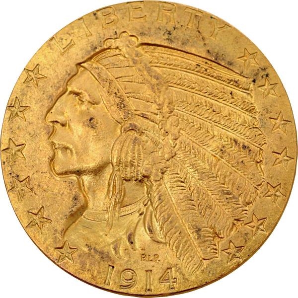 1914 $5 GOLD INDIAN COIN.                         