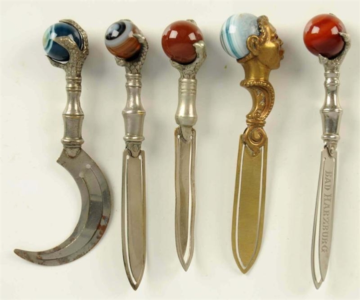 LOT OF 5: BOOK MARKERS BANDED AGATE MARBLES.      