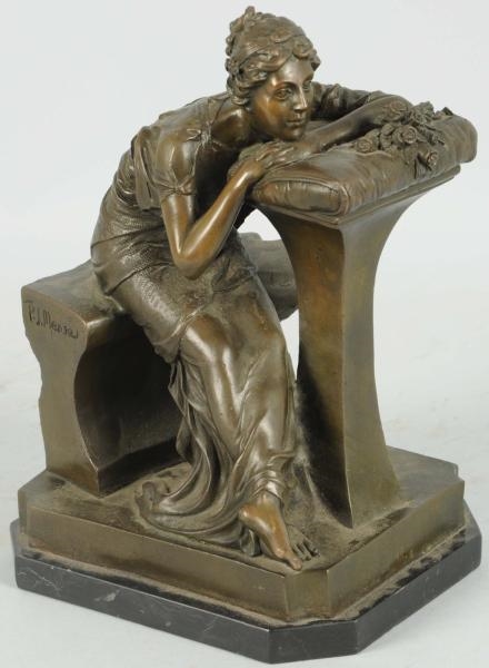 BRONZE STATUE OF PENSIVE LADY BY MENE.            